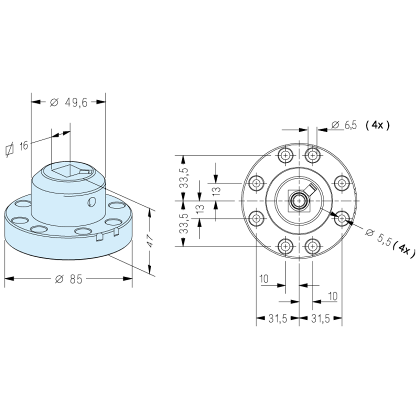 Vierkant 15 Halter auf Adapter ø 85