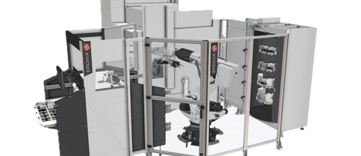 Vollintegrierte EROWA‑Automationszelle mit Robot Six und angebundenem Magazin.