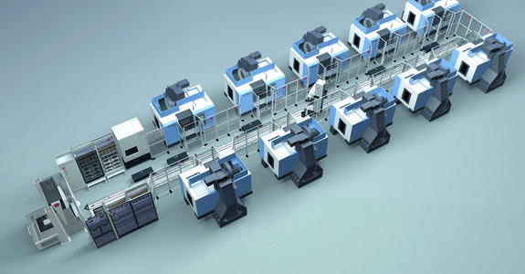 Représentation en 3D d'une cellule d'automatisation HANA comprenant un robot et dix machines