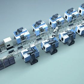 Représentation en 3D d'une cellule d'automatisation HANA comprenant un robot et dix machines